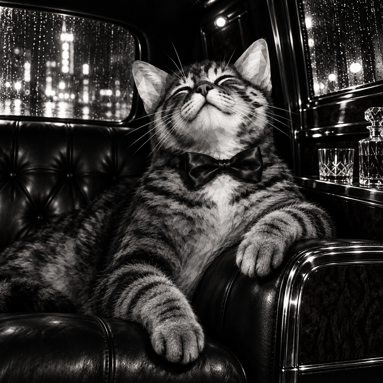 Smug PAIDCATE wearing a bow tie in a luxurious limousine on a rainy night