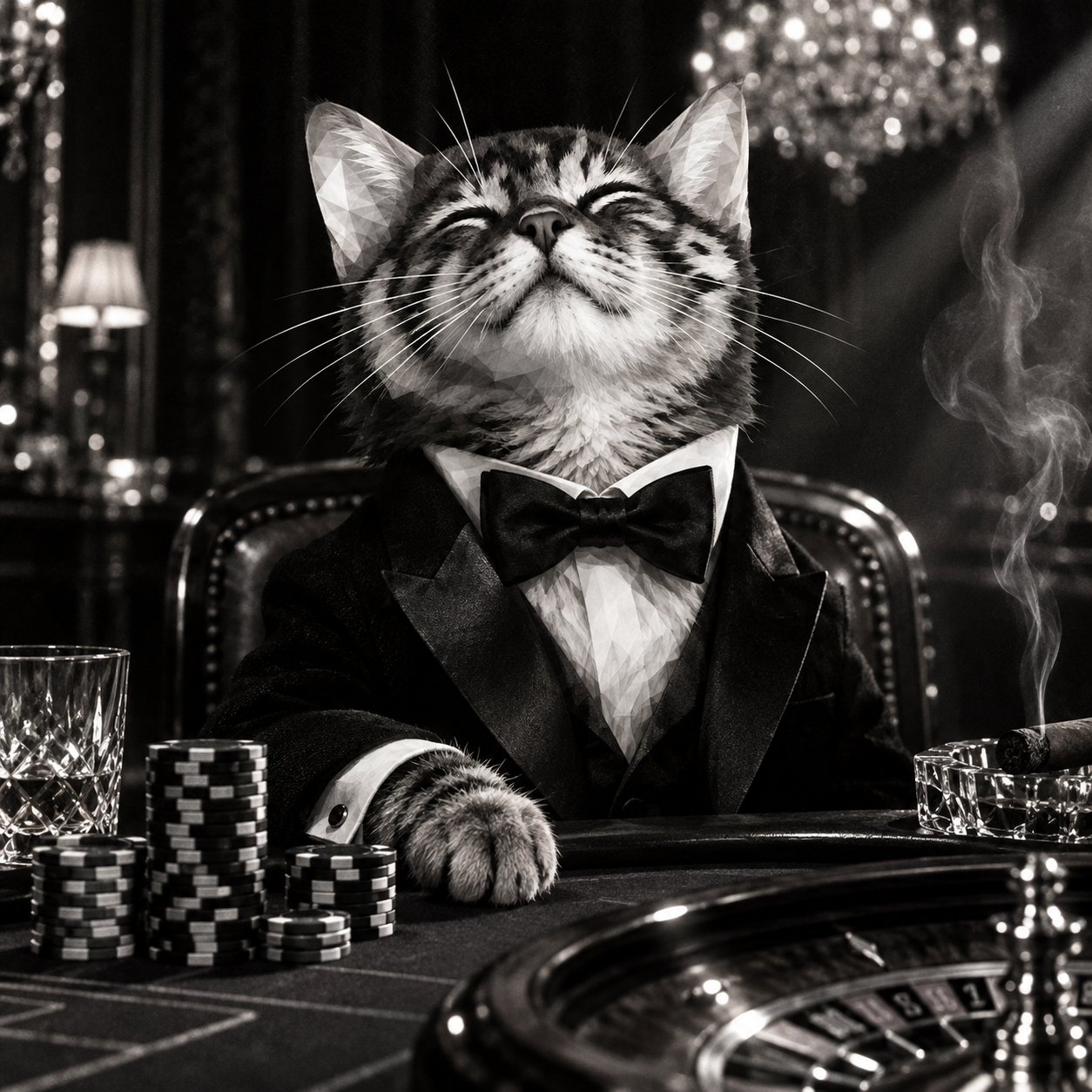 Smug PAIDCATE wearing a tuxedo beside roulette and casino chips
